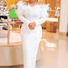 Long-sleeve Off-shoulder Fluffy Trim Maxi Sheath Dress