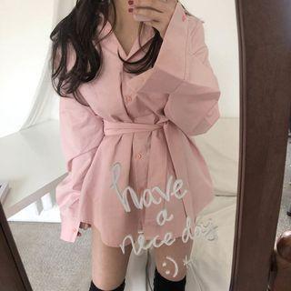Plain Sashed Shirt Pink - One Size