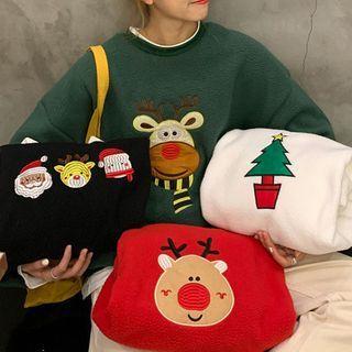 Mock Two-piece Reindeer Patch Fleece Sweatshirt