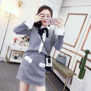 Set: Mock Two-piece Long-sleeve Mock Neck Top + Mini A-line Skirt