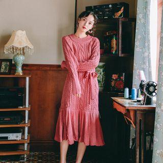 Long-sleeve Cable Knit Midi A-line Knit Dress