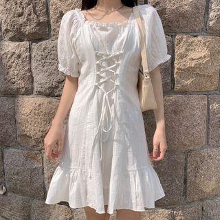 Tie Waist Short-sleeve A-line Skirt White - One Size