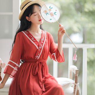 Embroidered Contrast Trim 3/4 Sleeve Chiffon Dress