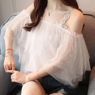 Off-shoulder Mesh 3/4-sleeve Top