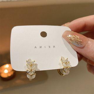 Leaf Faux Cat Eye Stone Rhinestone Alloy Hoop Earring 1 Pair - Gold & White - One Size