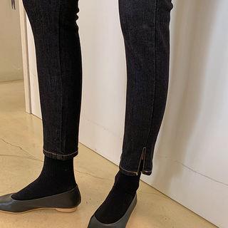 Double-button High-waist Slit-hem Skinny Jeans