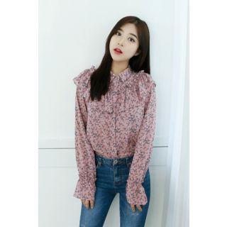 Petite Size Frill-trim Floral Chiffon Blouse