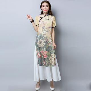 Floral Printed Short Sleeve Chiffon Qipao