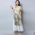 Floral Printed Short Sleeve Chiffon Qipao