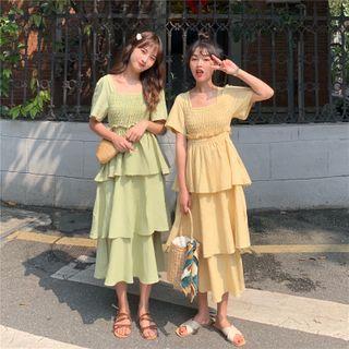 Short-sleeve Smocked Midi A-line Tiered Dress