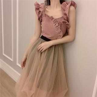 Mesh Asymmetric Pleated Skirt