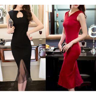 Sleeveless Mesh Trim Midi Mermaid Dress