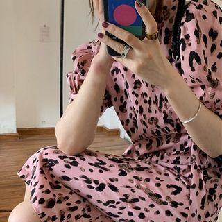 Leopard Crewneck Puff-sleeve Dress Pink - One Size