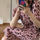 Leopard Crewneck Puff-sleeve Dress Pink - One Size
