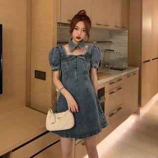 Puff-sleeve Collared Denim Cropped Top / Puff-sleeve Drawstring Denim Dress