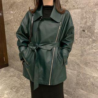 Faux Leather Long Biker Jacket Green - One Size