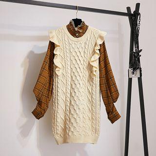 Set: Plaid Blouse + Ruffle Trim Sleeveless Cable-knit Dress