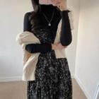 Mock-neck Knit Top / Floral Print Midi Overall Dress