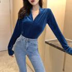 V-neck Long-sleeve Pleuche Blouse