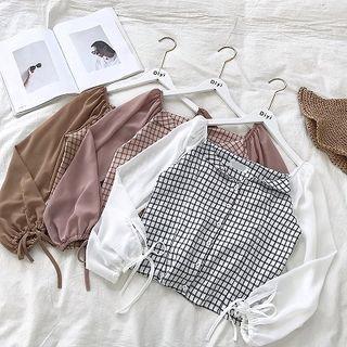 Color-block Plaid Off-shoulder Chiffon Long-sleeve Top