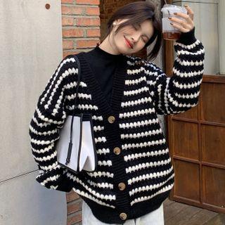 V-neck Striped Button-up Cardigan Stripe - Black & White - One Size