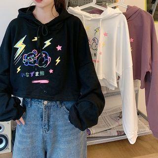Cartoon Bear Print Cropped Hoodie