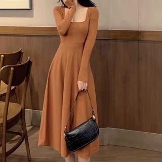Square Neck Plain Slim Fit A-line Dress