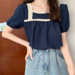 Short-sleeve Square-neck Lace Trim Top