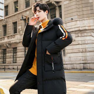 Striped Furry Hooded Long Padded Coat