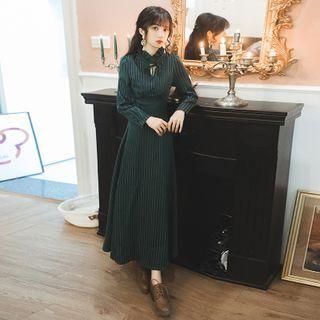 Long-sleeve Tie-neck Striped Midi A-line Dress