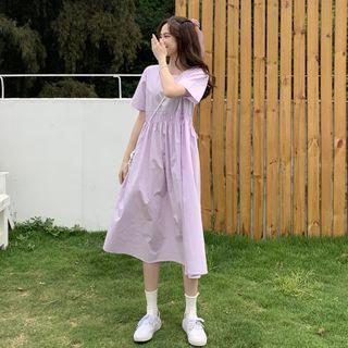 Short-sleeve Shirred A-line Midi Dress Light Purple - One Size