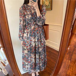 Flower Print Long-sleeve Midi A-line Dress Almond - One Size