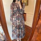 Flower Print Long-sleeve Midi A-line Dress Almond - One Size