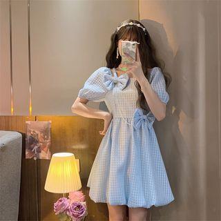 Puff-sleeve Gingham Bow A-line Dress