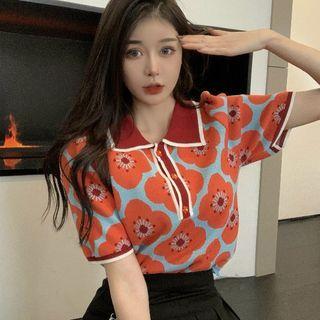 Short-sleeve Floral Knit Polo Shirt As Shown In Figure - One Size