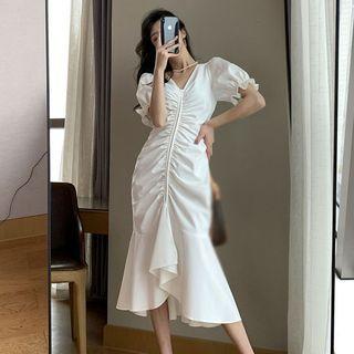 Short-sleeve Ruched Midi Mermaid Dress