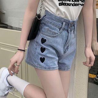 High-waist Heart Denim Wide-leg Shorts