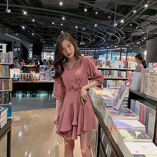 Side Tie Elbow-sleeve A-line Dress