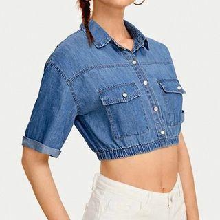 Short-sleeve Pocket Detail Crop Denim Shirt