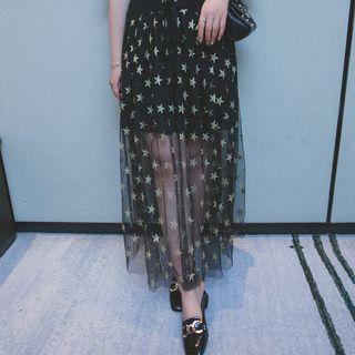 Star Print Mesh Overlay Maxi Skirt