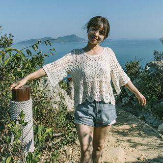 Short-sleeve Eyelet Lace Blouse Almond - One Size