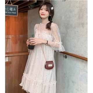 3/4-sleeve Frill Trim Patterned Mesh Dress