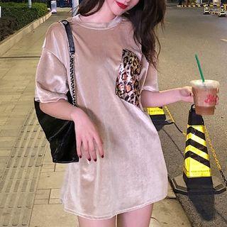 Elbow-sleeve Leopard Print Pocket Long T-shirt