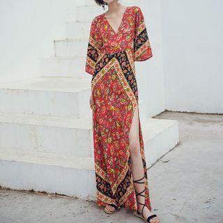 Elbow-sleeve Floral Print Slit Maxi A-line Dress