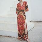 Elbow-sleeve Floral Print Slit Maxi A-line Dress