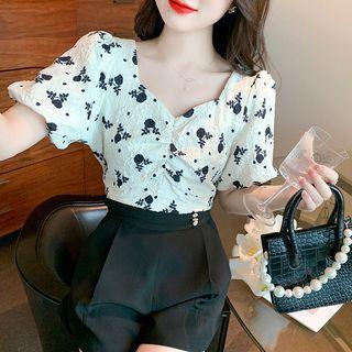 V-neck Lantern-sleeve Short-sleeve Top