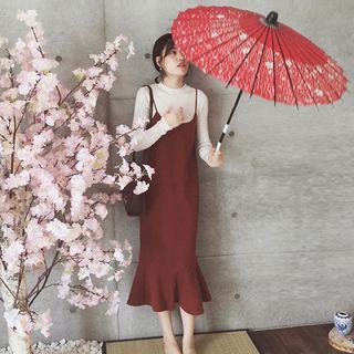 Set: Plain Knit Top + Spaghetti Strap Midi Mermaid Dress