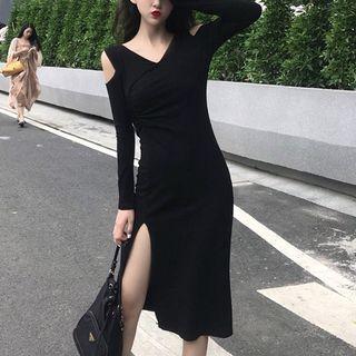 Cold Shoulder Side Slit Long-sleeve Dress