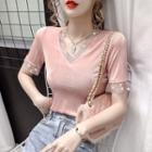 Short-sleeve V-neck Rhinestone T-shirt