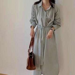 Long-sleeve Drop Shoulder Plain Lapel Loose Fit Dress